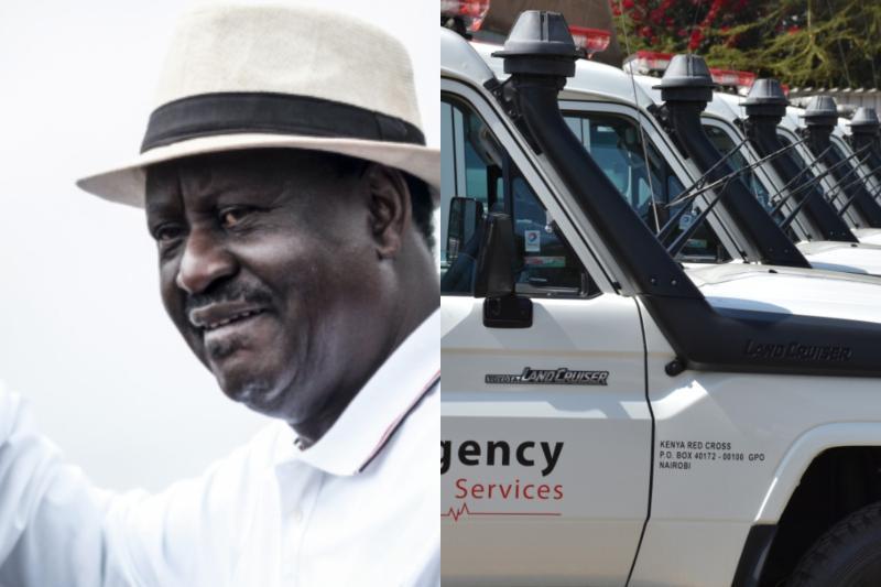 Collage photo of Raila Odinga and ambulances.